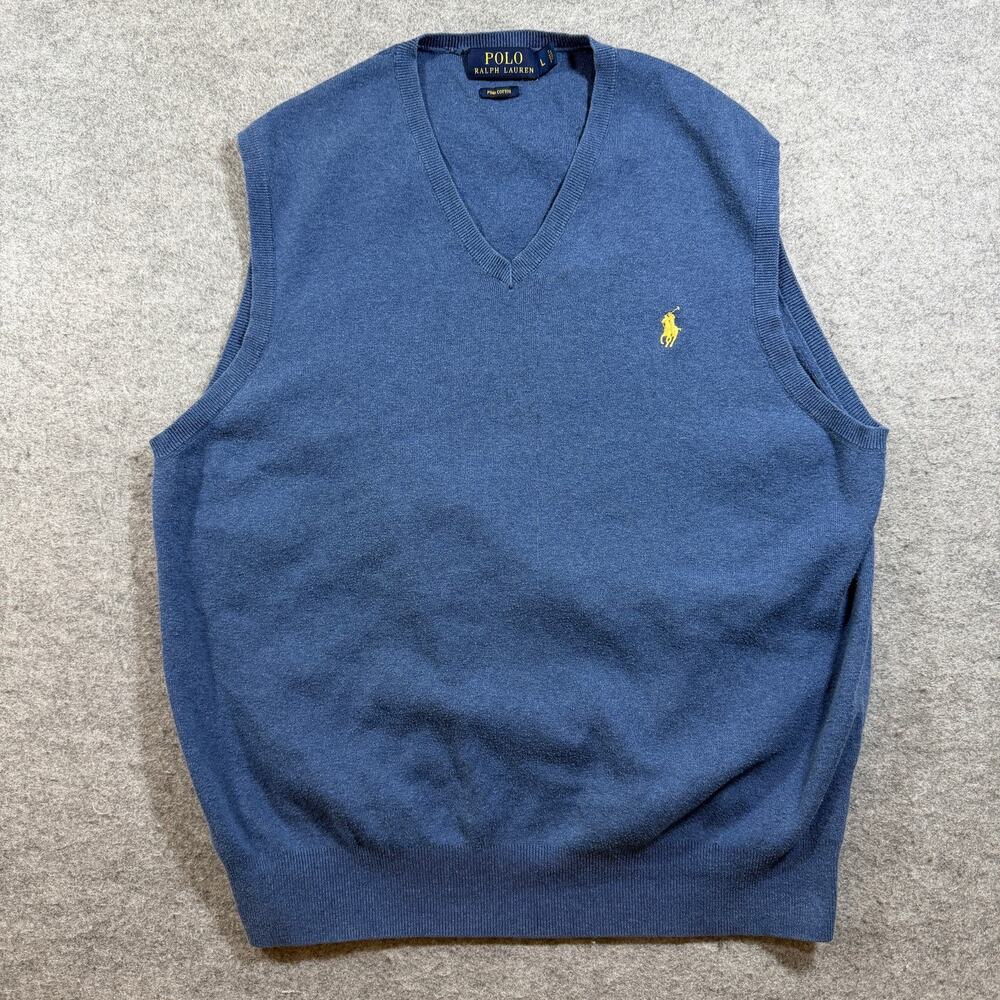Polo Ralph Lauren Sweater Vest Mens L Blue Pima Cotton V-Neck Pony Logo Preppy